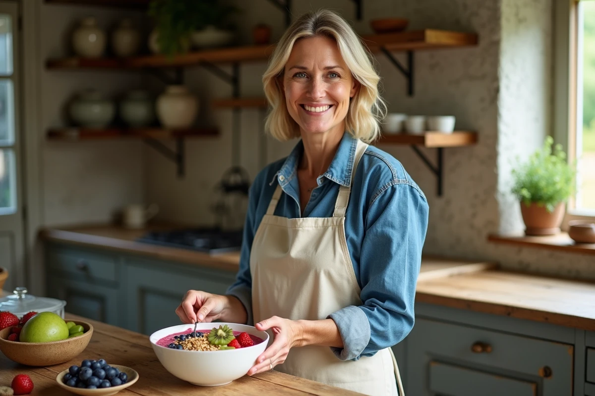 Femme préparant un bol de smoothie healthy avec des fruits frais dans une cuisine rustique pour illustrer une alimentation naturelle et équilibrée