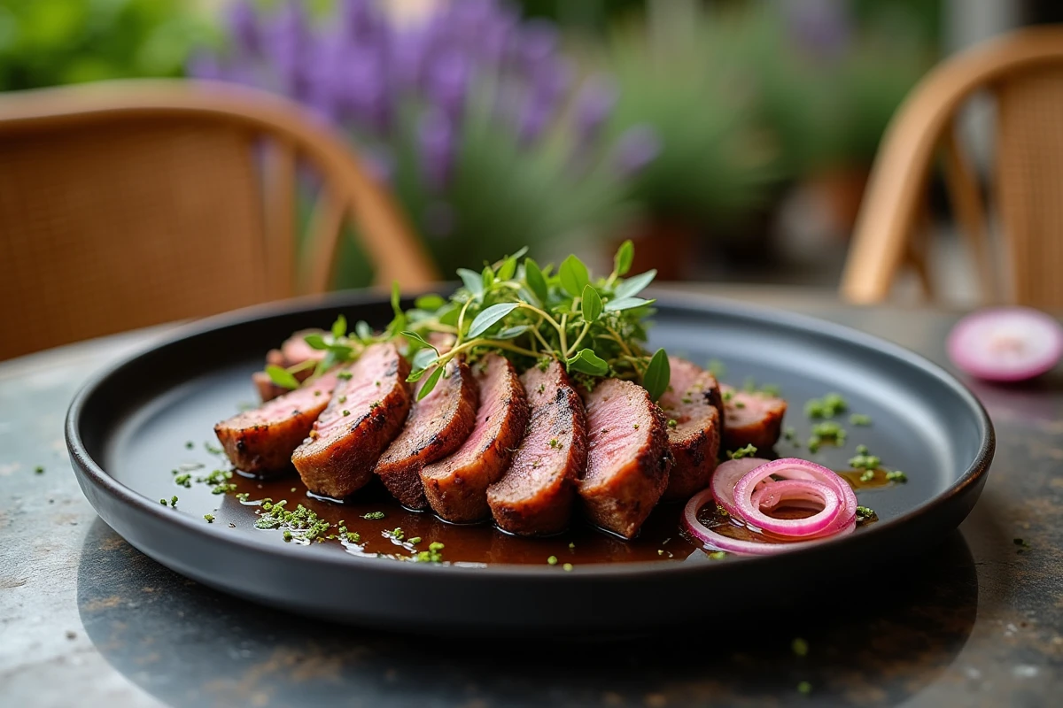 Assiette de couilles de mouton grillées et tranchées avec harissa, herbes fraîches et oignons marinés sur terrasse de bistrot français