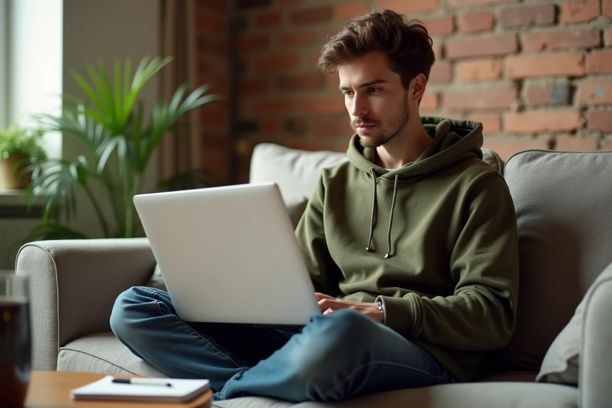 Blogueur consultant un agrégateur de flux RSS sur laptop dans un appartement cosy