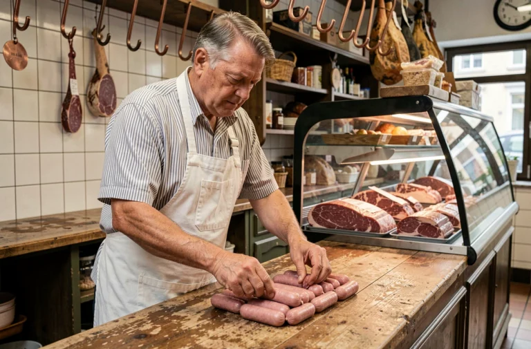 Boucher allemand traditionnel arrangeant des saucisses de Francfort sur un comptoir en bois dans une charcuterie artisanale