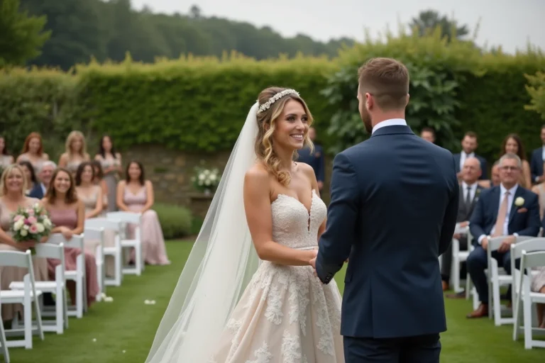 Cérémonie de mariage en plein air dans un jardin de campagne française avec les mariés échangeant leurs vœux
