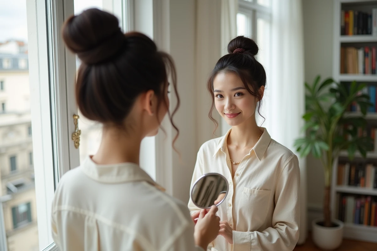 Jeune femme parisienne avec un chignon haut élégant vérifiant sa coiffure avec un petit miroir dans un appartement moderne