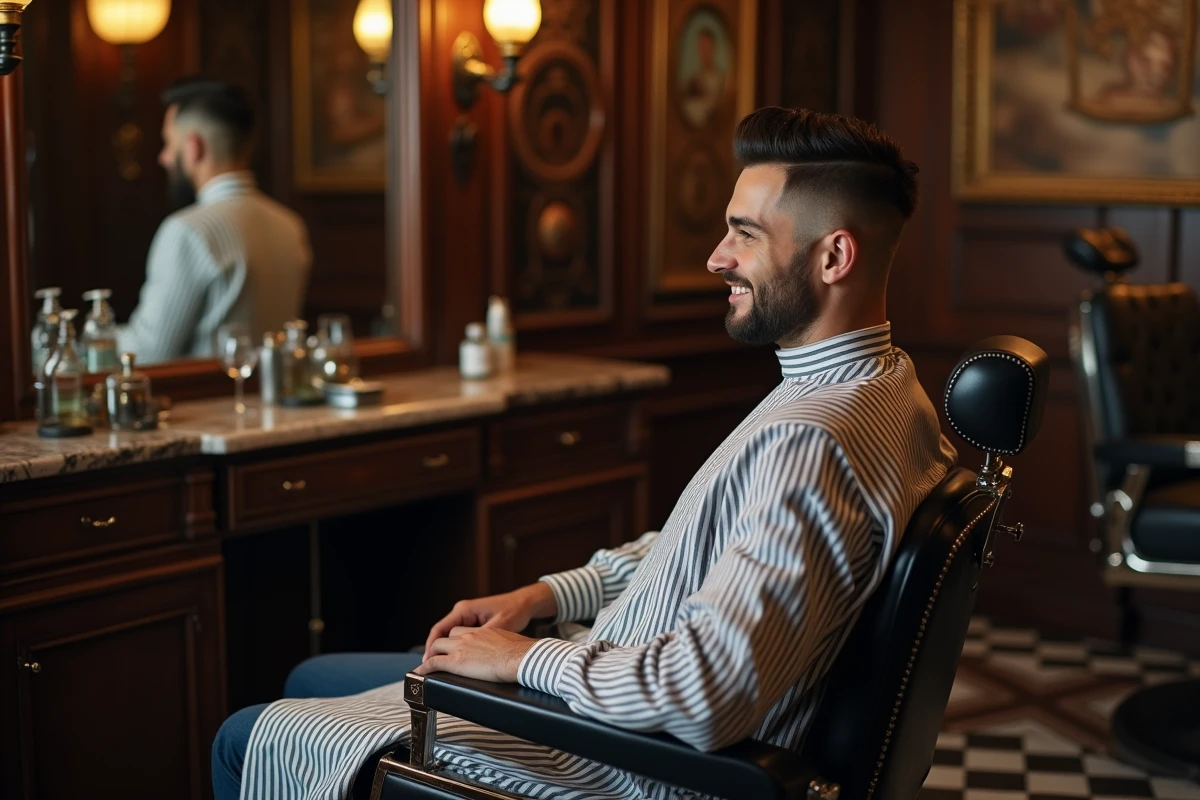Homme aux cheveux courts soigneusement coiffés assis dans un fauteuil de barbier vintage dans un salon de coiffure classique