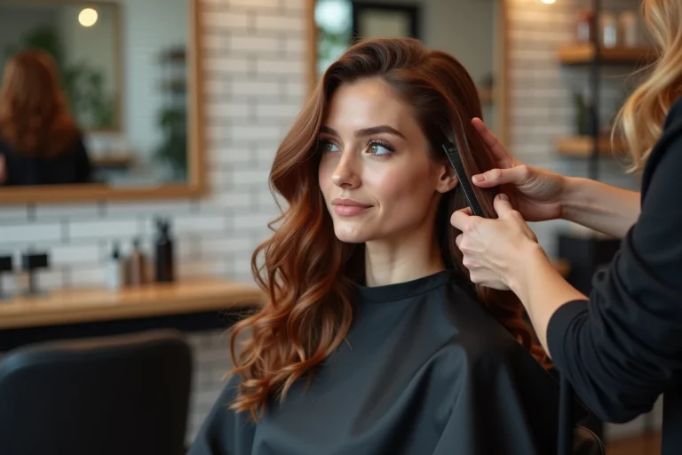 Femme aux cheveux ondulés châtains en train de se faire coiffer dans un salon professionnel par une styliste experte