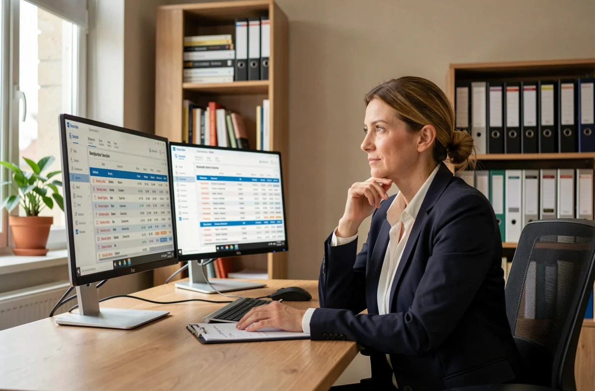 Comptable d'entreprise vérifiant des calculs de remboursement de prévoyance sur ordinateur