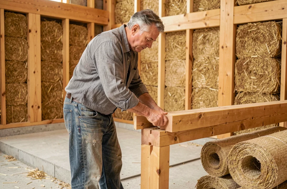 Artisan assemblant une charpente en bois lors de la construction d'une maison écologique en paille et bois naturel