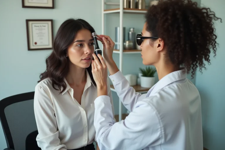 Femme attentive lors d'une consultation capillaire avec un dermatologue