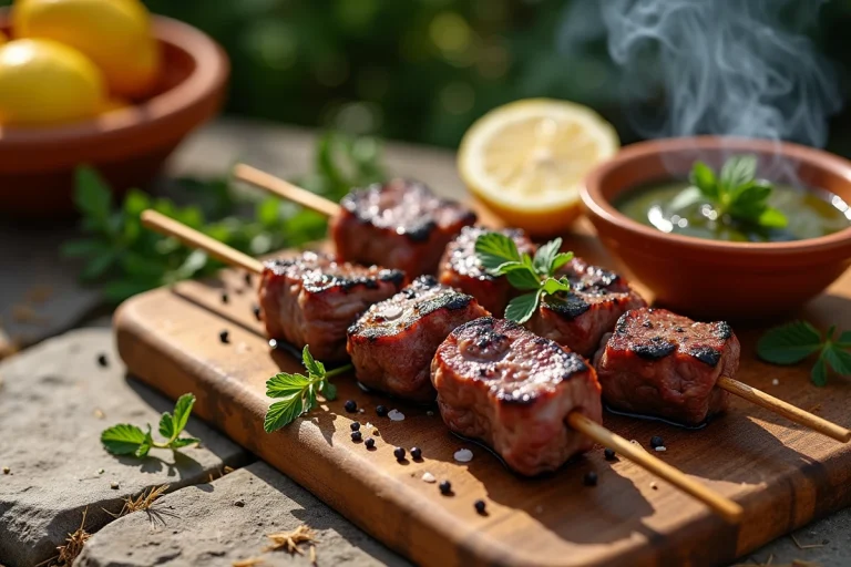 Brochettes de couilles de mouton grillées sur planche en bois rustique avec herbes fraîches et sauce chimichurri, barbecue estival