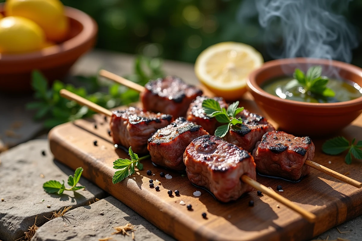 Brochettes de couilles de mouton grillées sur planche en bois rustique avec herbes fraîches et sauce chimichurri, barbecue estival