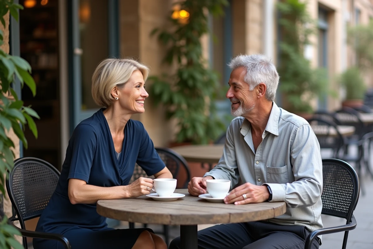 Couple discutant à une terrasse de café européenne, représentant la vie personnelle et l'intimité d'un couple de cadres dirigeants