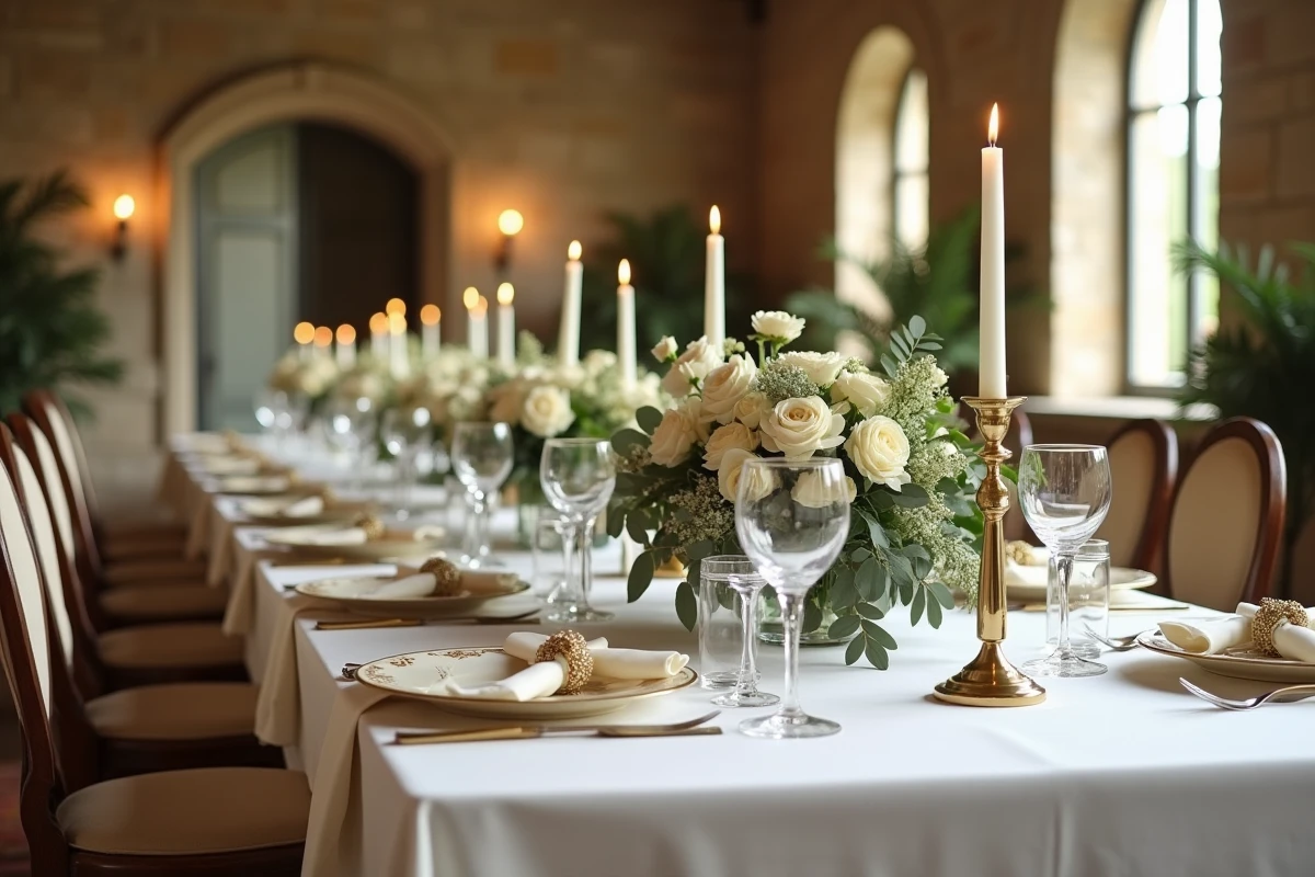 Table de réception de mariage décorée avec élégance dans un château français avec pivoines et bougies