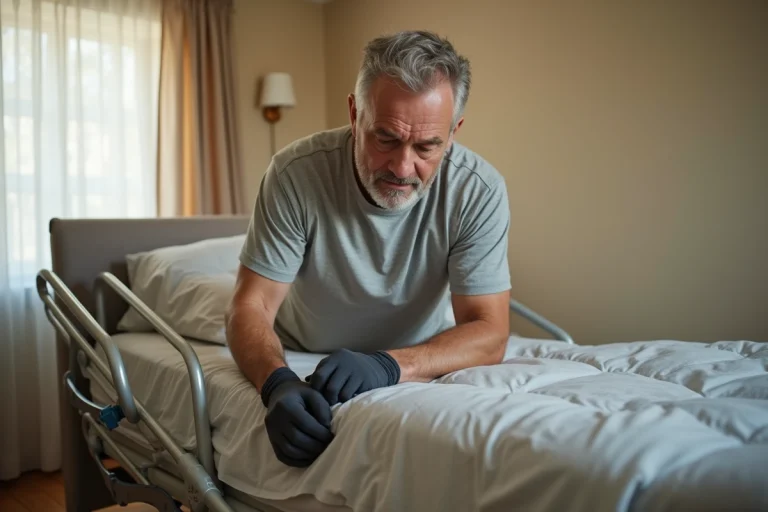 Homme démontant le cadre métallique d'un lit médicalisé à domicile avec des gants de travail