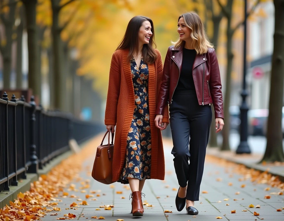 Deux femmes en tenues automnales tendance 2024 marchant sur une avenue urbaine bordée d'arbres aux feuilles dorées