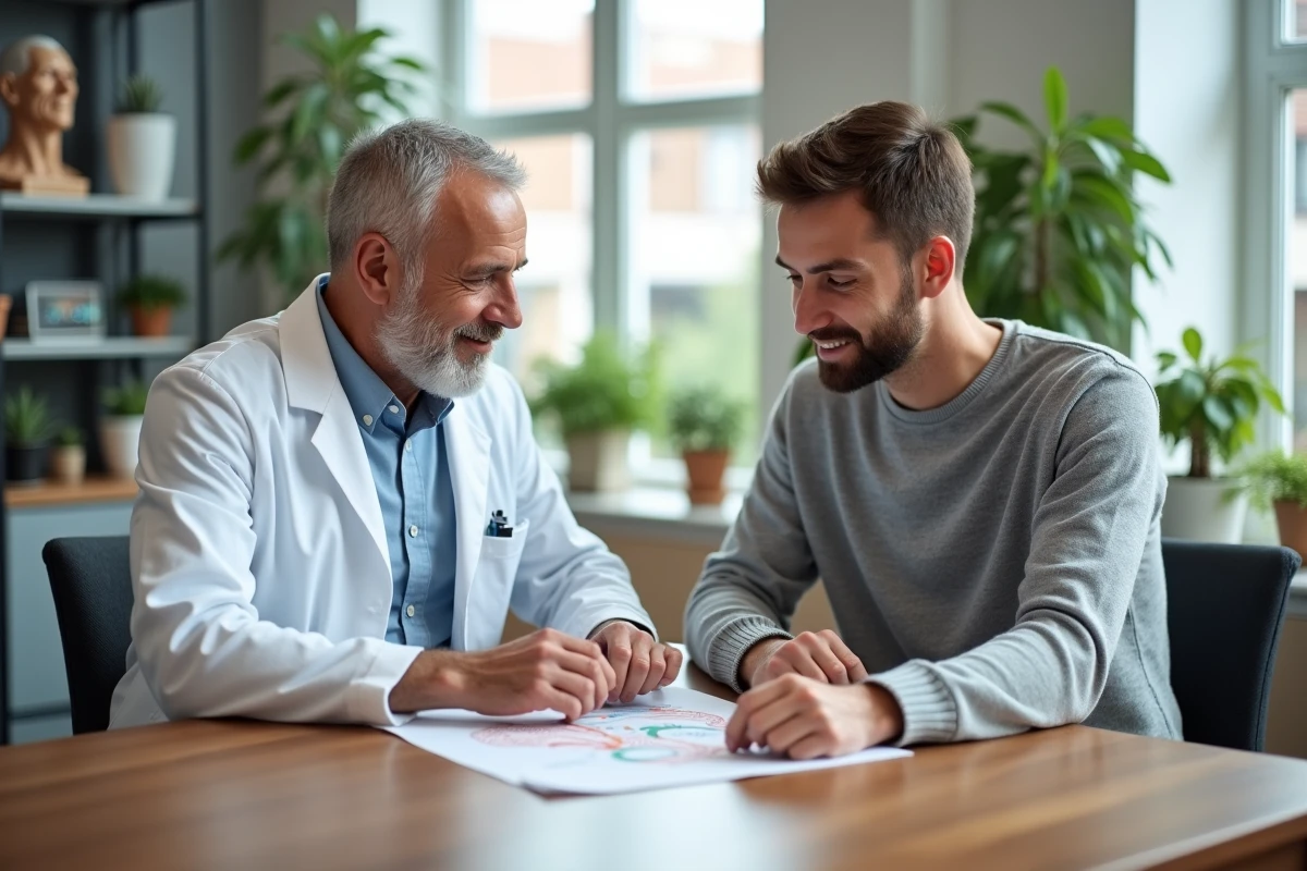 Dermatologue et patient discutant de soins du cuir chevelu
