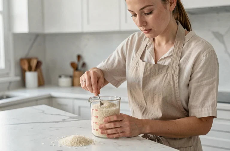 Femme mesurant du riz blanc dans un verre doseur en verre sur un plan de travail en marbre dans une cuisine moderne