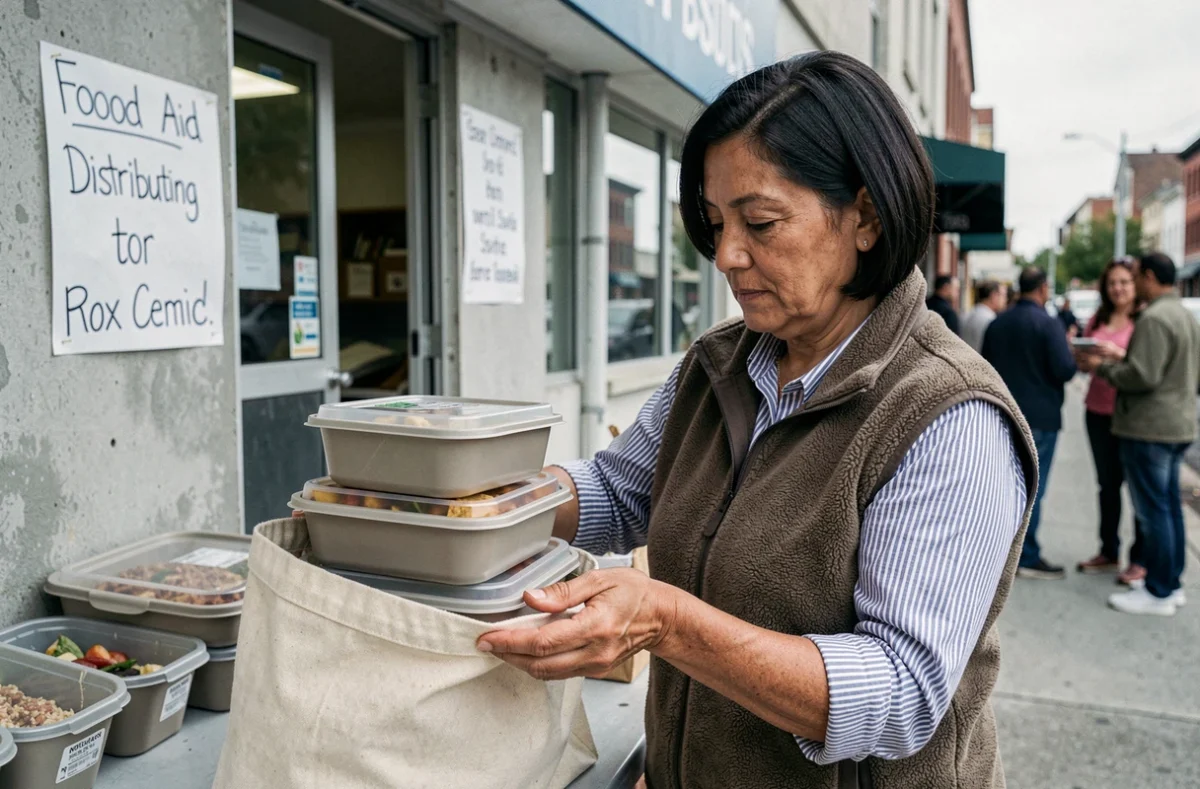 Femme préparant des sacs de double portion de repas lors d'une distribution alimentaire solidaire en milieu urbain