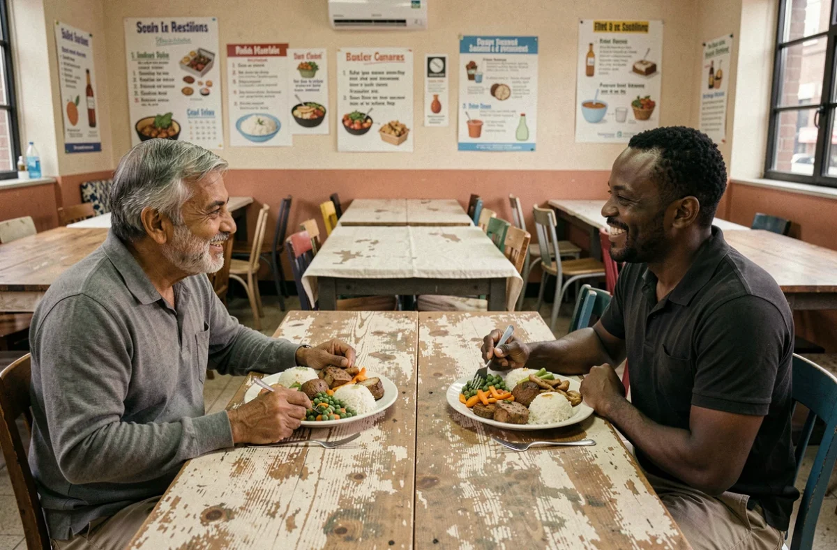 Deux hommes partageant un repas copieux en double portion dans un réfectoire communautaire urbain et convivial