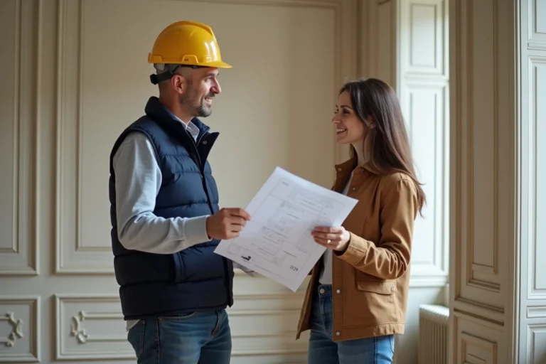 Entrepreneur parisien en discussion avec une femme dans un appartement haussmannien