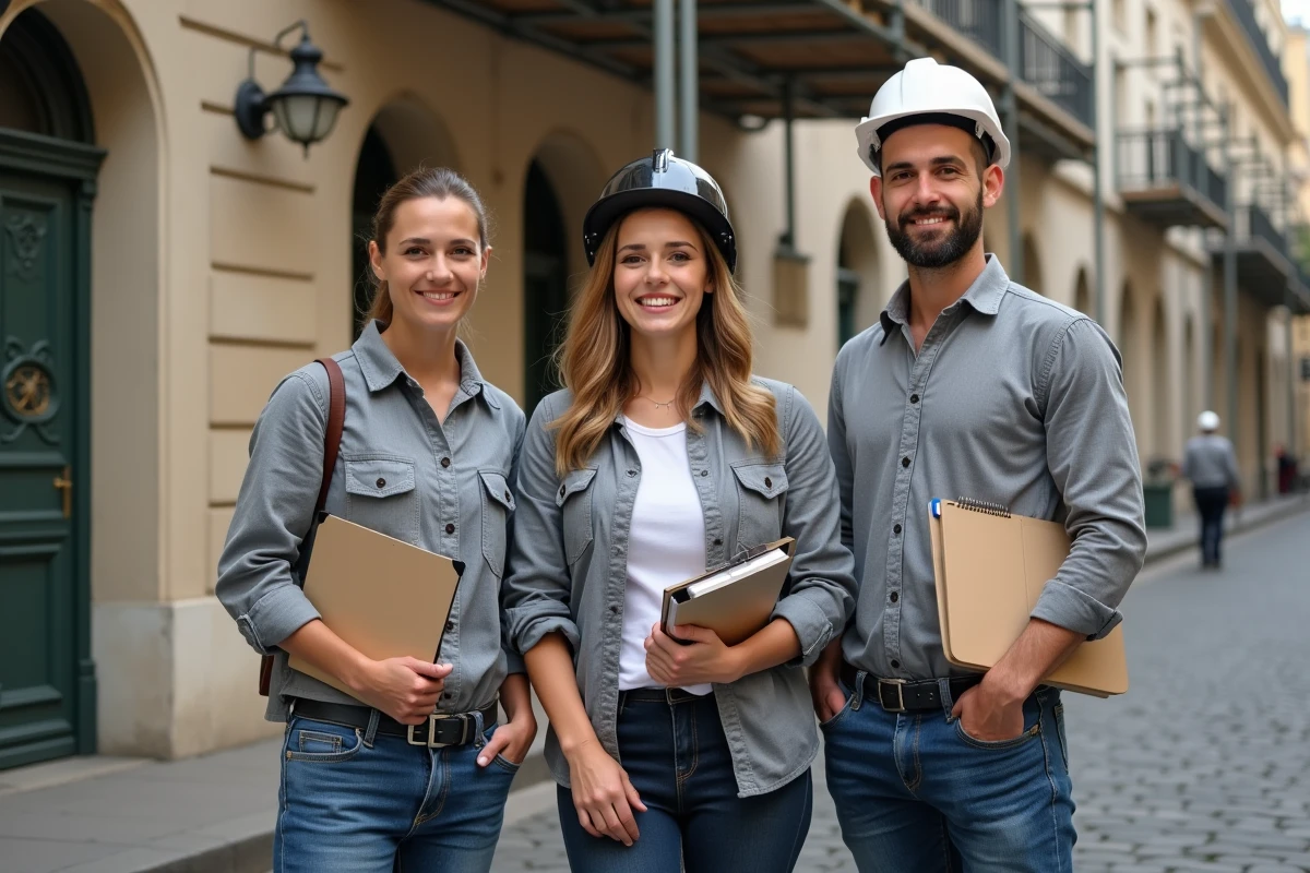 Equipe d experts en renovation devant un immeuble parisien historique