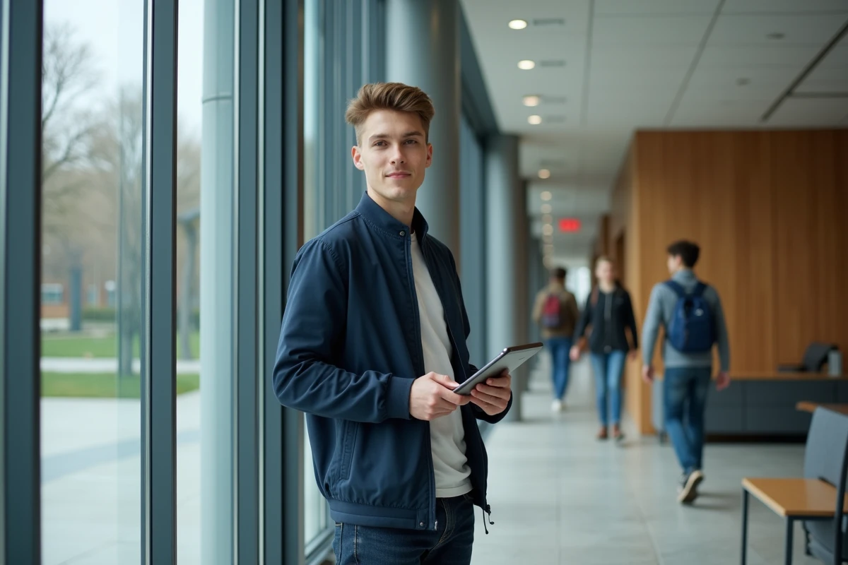Étudiant consultant les ressources numériques de l'ENT sur une tablette dans un espace commun universitaire