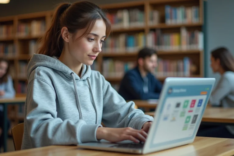 Étudiante utilisant l'ENT sur son ordinateur portable dans une bibliothèque universitaire moderne