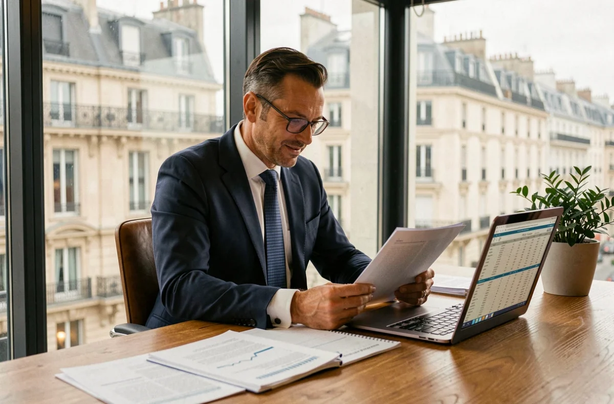 Expert-comptable parisien en costume marine assis à son bureau avec des documents financiers et une vue sur les immeubles haussmanniens