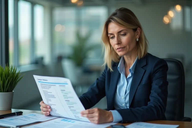 Femme d'affaires en costume bleu examinant un tableau Excel 2024