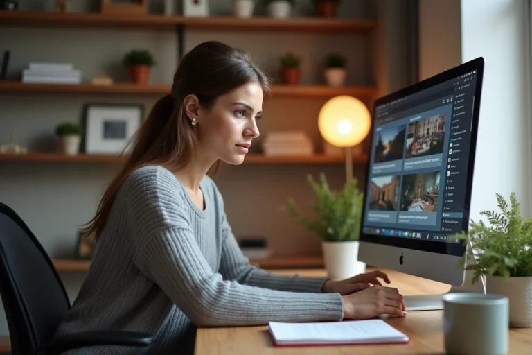 Femme utilisant un agrégateur de nouvelles sur ordinateur dans un bureau à domicile moderne