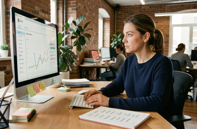 Femme professionnelle analysant un tableau de bord SEO sur un écran d'ordinateur dans un bureau moderne