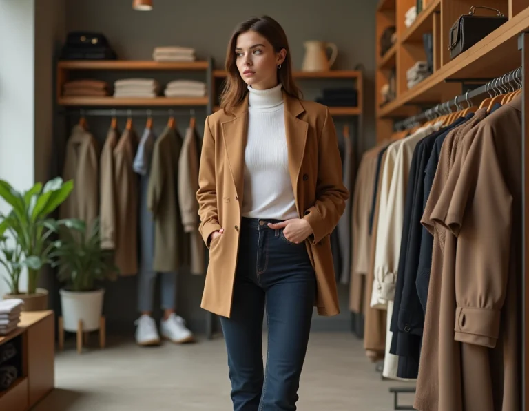 Jeune femme élégante en blazer camel surdimensionné dans une boutique de mode parisienne tendance 2024