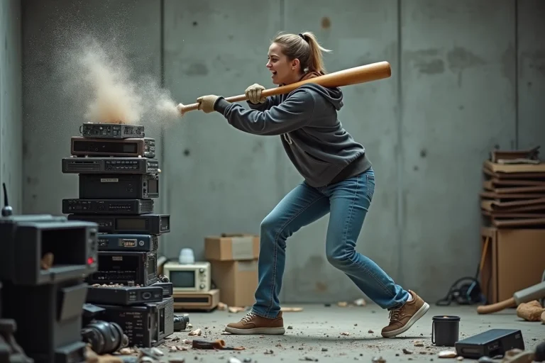Femme en hoodie cassant des appareils électroniques dans une salle industrielle