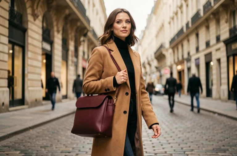 Femme citadine élégante portant un sac à dos en cuir bordeaux dans une rue parisienne pavée