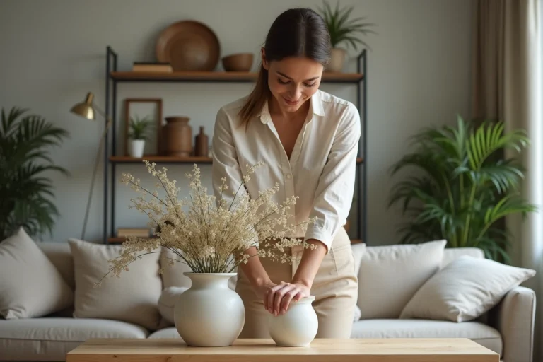 Femme élégante arrangeant un vase de fleurs dans un salon moderne