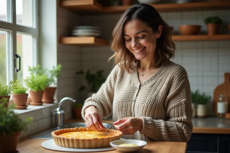 Femme souriante garnissant une quiche maison dans une cuisine chaleureuse