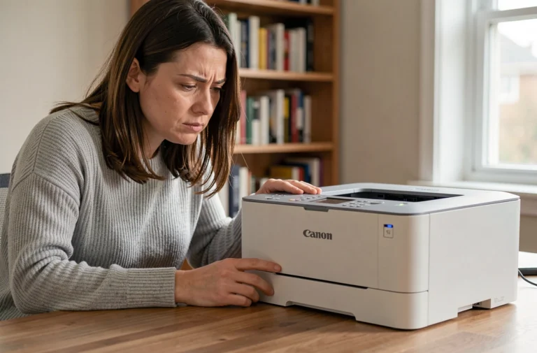 Femme dépannant une imprimante Canon Pixma dans un bureau à domicile