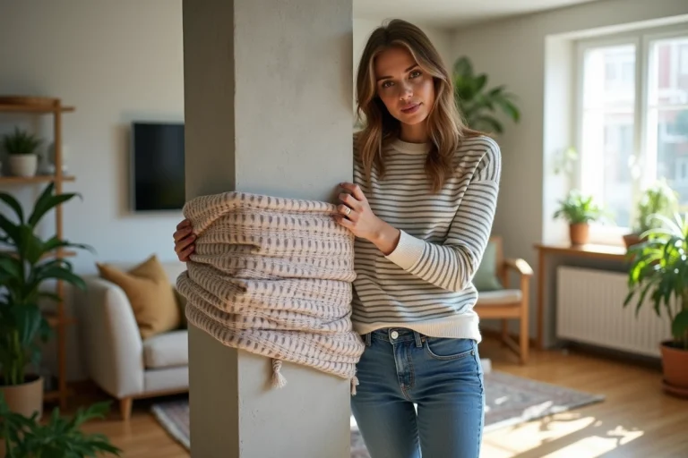 Femme enveloppant une colonne en béton avec un tissu à motifs dans un salon lumineux