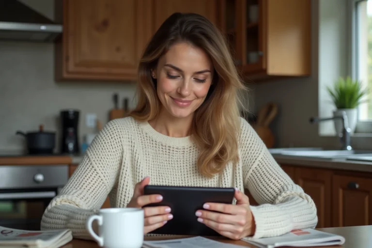 Femme lisant les actualites locales sur sa tablette dans une cuisine normande