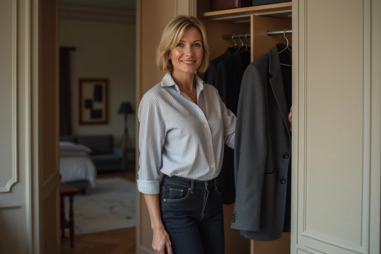Femme parisienne en blazer dans un dressing élégant