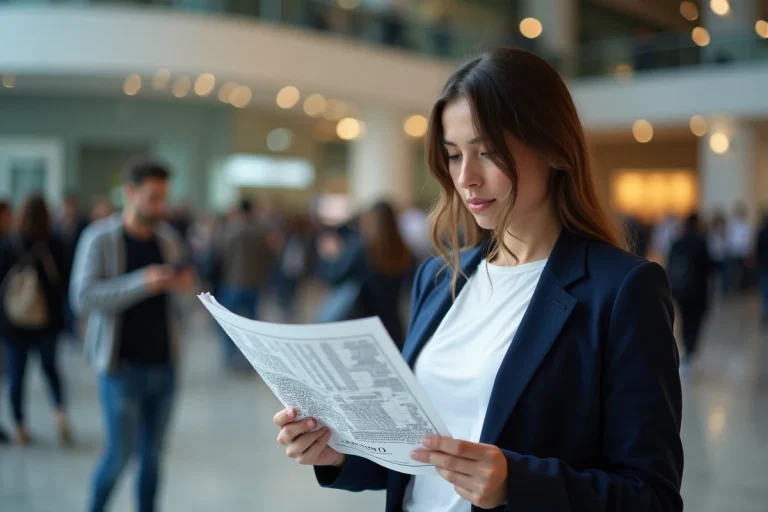 Femme étudiant le plan de salle du Zénith de Nantes dans le hall de la salle de concert