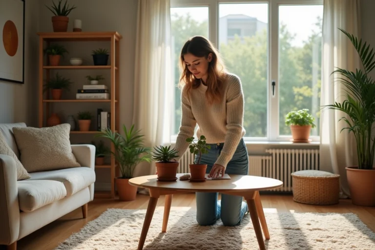 Femme arrangeant des plantes dans un salon lumineux