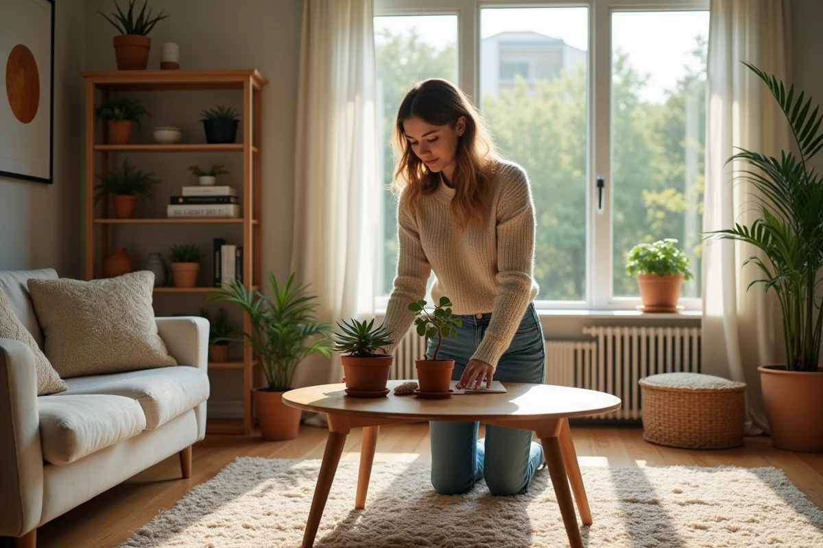 Femme arrangeant des plantes dans un salon lumineux