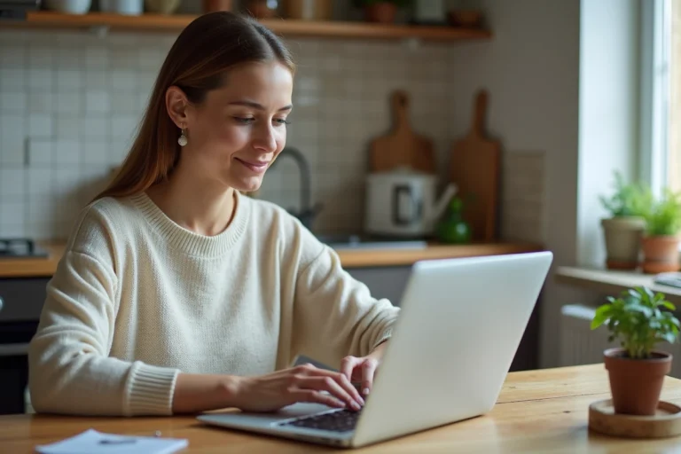 Femme assise à la cuisine consulte des annonces immobilières