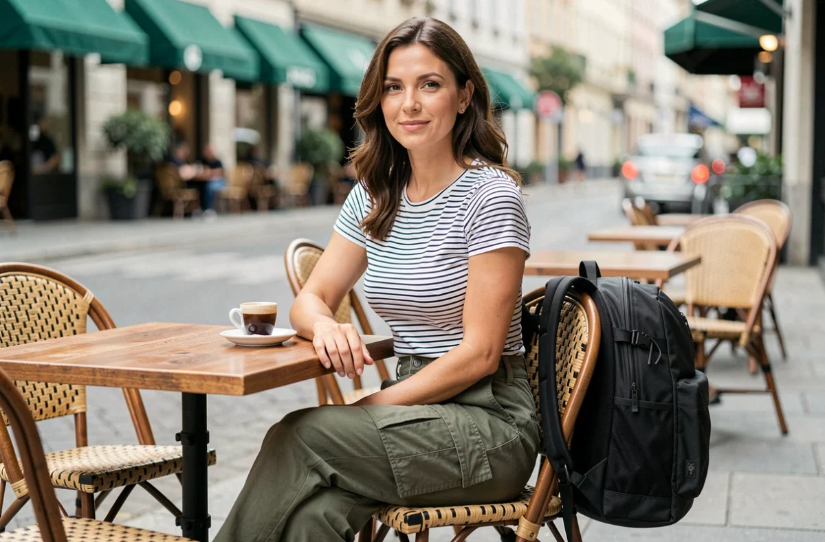 Femme assise en terrasse de café avec un sac à dos technique noir, style urbain décontracté