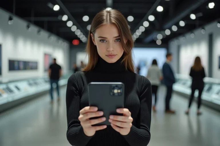 Femme tenant un smartphone pliable dans un showroom high-tech moderne, tendances technologiques 2024