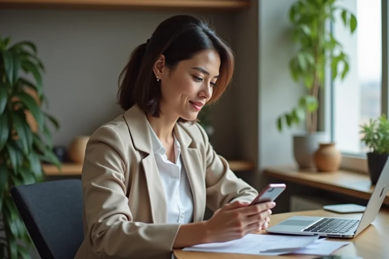 Femme en bureau regardant son salaire sur smartphone