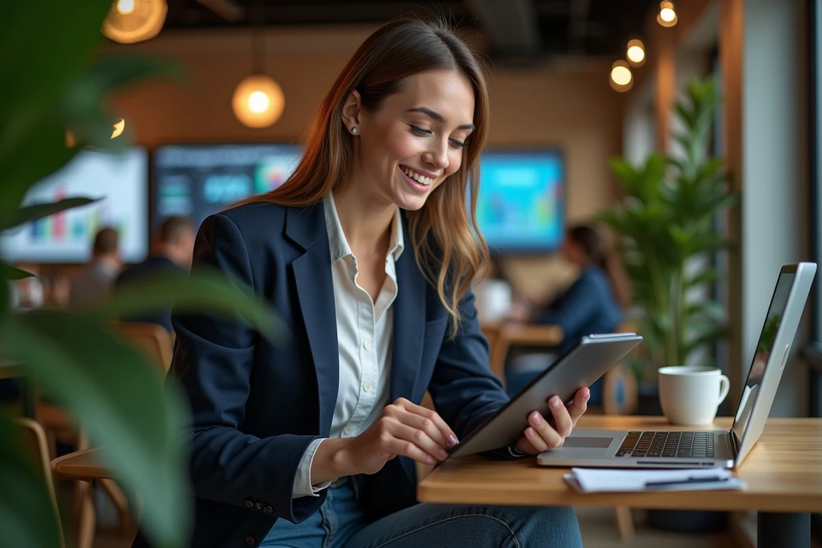 Jeune femme utilisant une tablette dans un espace de coworking