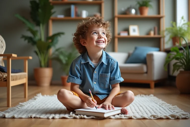 Garçon de 7 ans écrit son nom dans un carnet dans un salon cosy