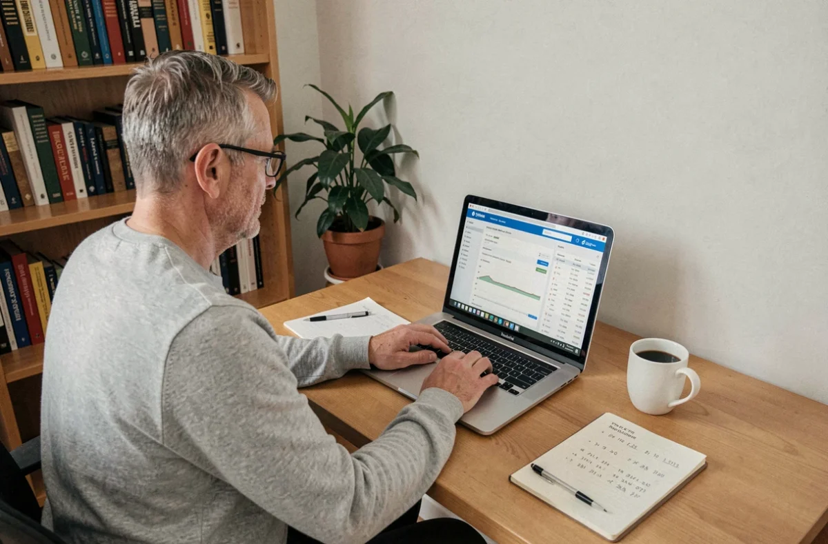 Homme gérant son compte-titres en ligne depuis son bureau à domicile pour effectuer un virement de ses fonds