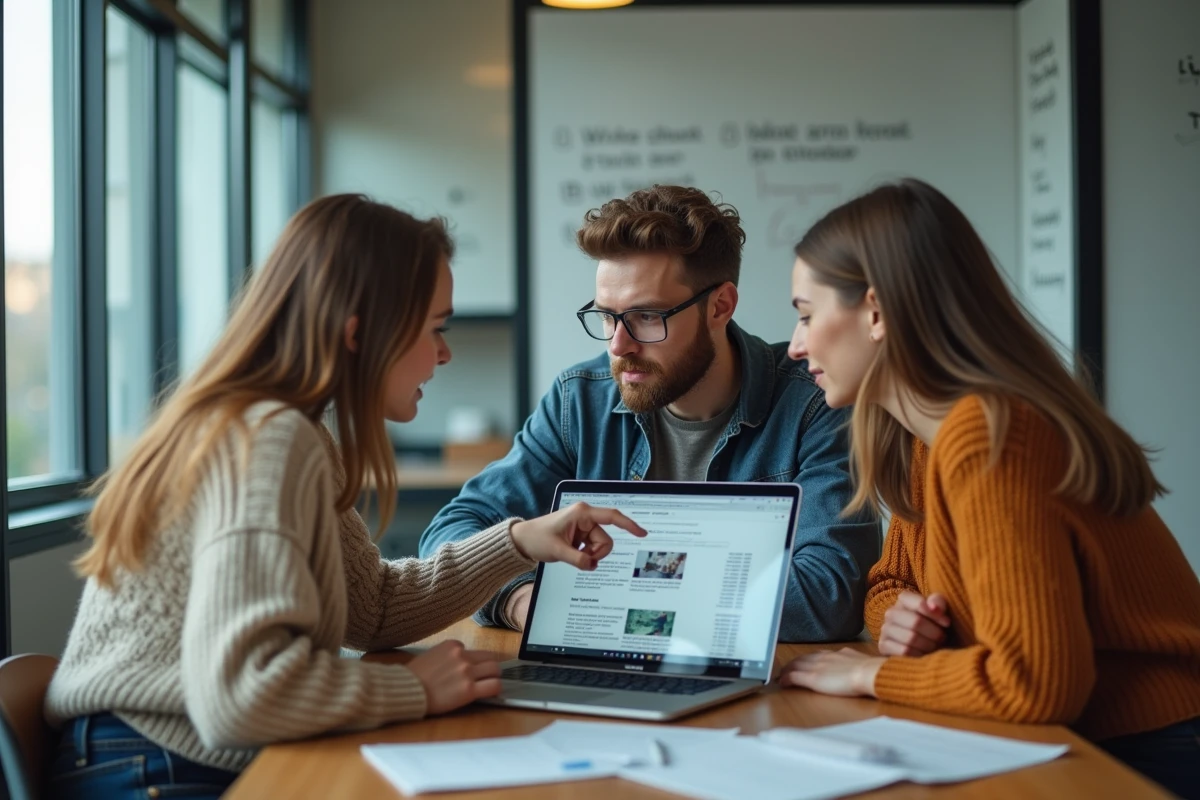 Groupe d'étudiants travaillant ensemble sur l'ENT universitaire dans une salle de collaboration