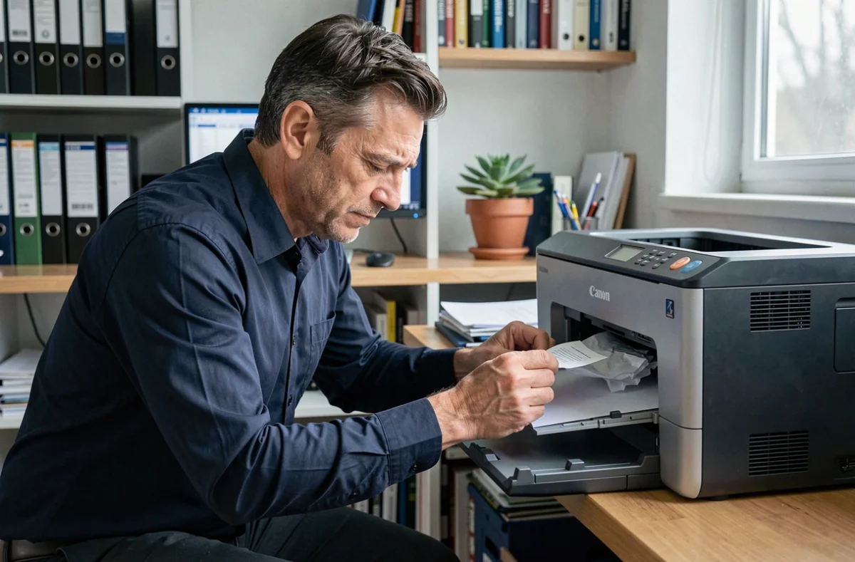 Homme retirant un bourrage papier d'une imprimante Canon Pixma